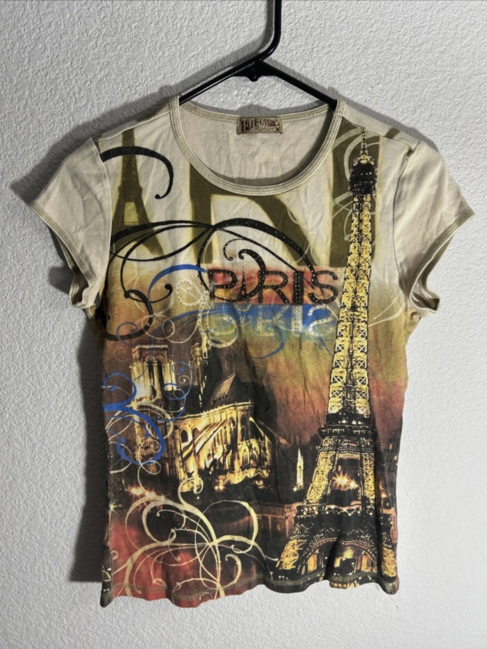 Vtg Blue Canyon Womens M Y2K T-shirt Top Rhinestone Embellished Paris Graphic